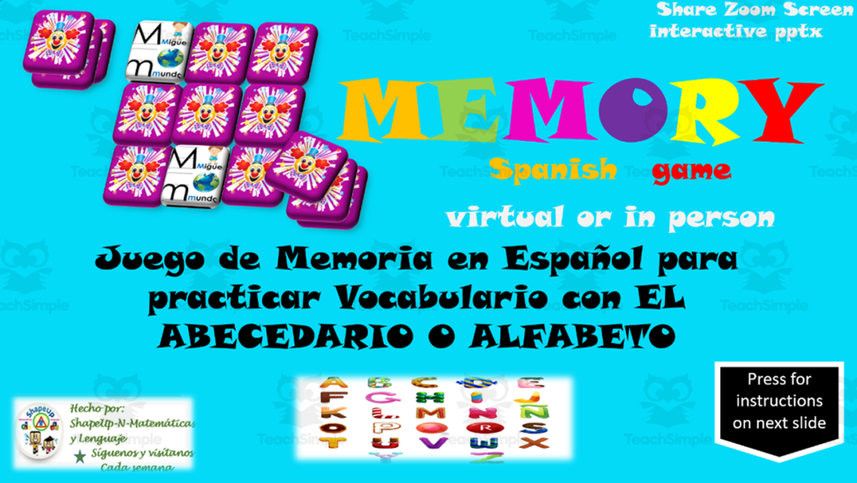 An educational teaching resource from ShapeUp-N-Matematicas y Lenguaje entitled Free Spanish Interactive Memory Game to Practice El Abecedario downloadable at Teach Simple.