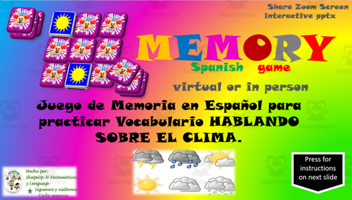 An educational teaching resource from ShapeUp-N-Matematicas y Lenguaje entitled Free Spanish Interactive Memory Game to Practice El Clima downloadable at Teach Simple.