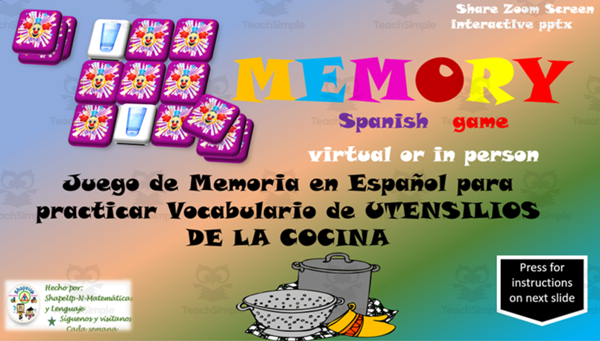 An educational teaching resource from ShapeUp-N-Matematicas y Lenguaje entitled Free Spanish Interactive Memory Game to Practice La Cocina downloadable at Teach Simple.
