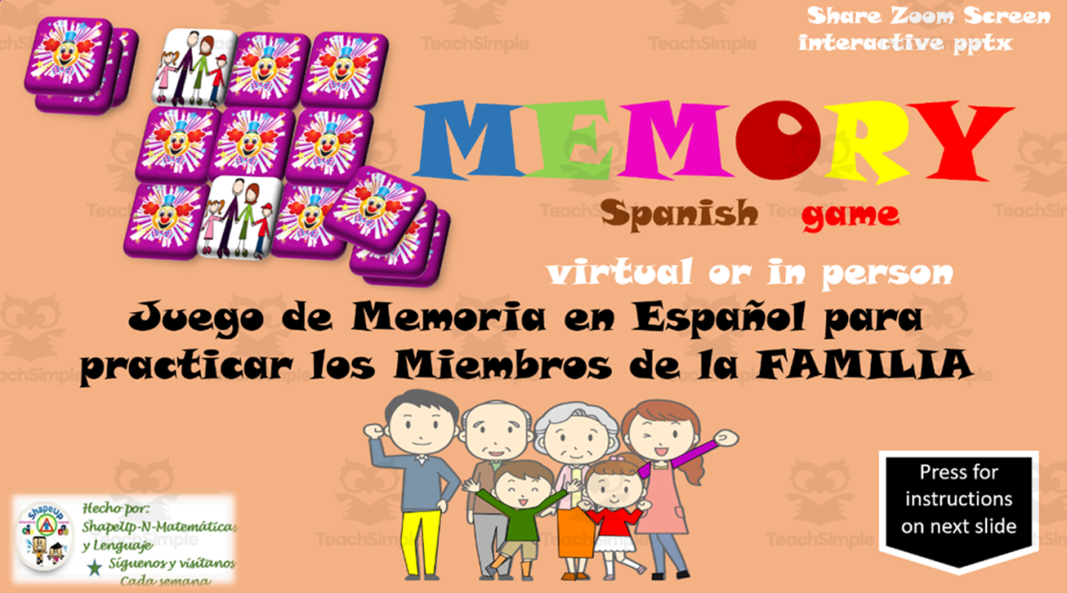 An educational teaching resource from ShapeUp-N-Matematicas y Lenguaje entitled Free Spanish Interactive Memory Game to Practice La Familia downloadable at Teach Simple.