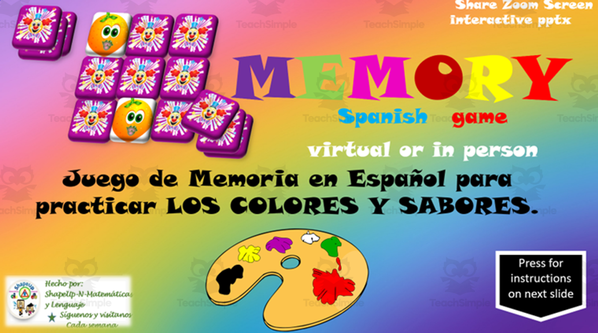 An educational teaching resource from ShapeUp-N-Matematicas y Lenguaje entitled Free Spanish Interactive Memory Game to Practice Los Colores y Sabores downloadable at Teach Simple.