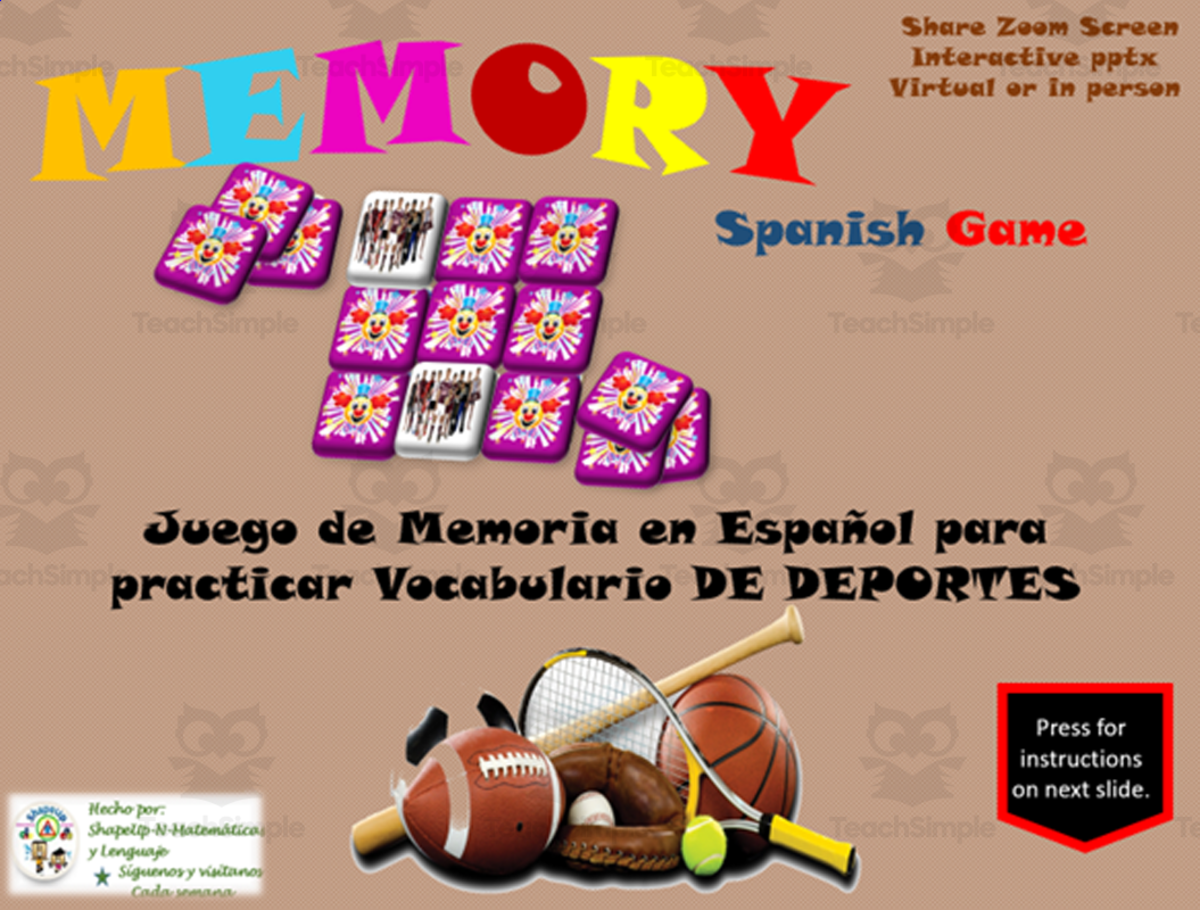 An educational teaching resource from ShapeUp-N-Matematicas y Lenguaje entitled Free Spanish Interactive Memory Game to Practice Los Deportes downloadable at Teach Simple.