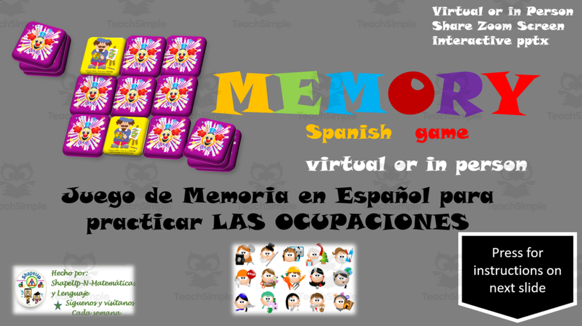 An educational teaching resource from ShapeUp-N-Matematicas y Lenguaje entitled Free Spanish Interactive Memory Game to Practice Ocupaciones o Empleos downloadable at Teach Simple.