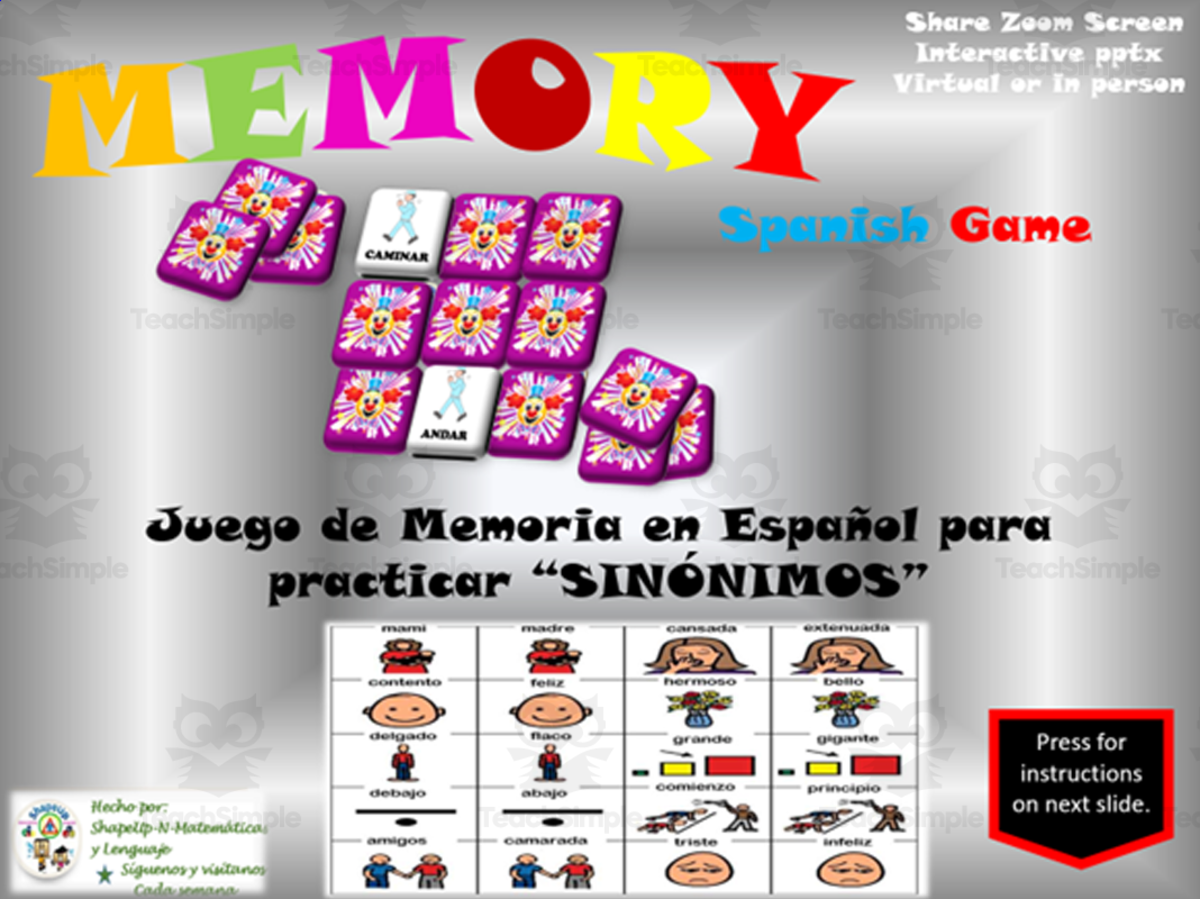An educational teaching resource from ShapeUp-N-Matematicas y Lenguaje entitled Free Spanish Interactive Memory Game to Practice Sinonimos downloadable at Teach Simple.