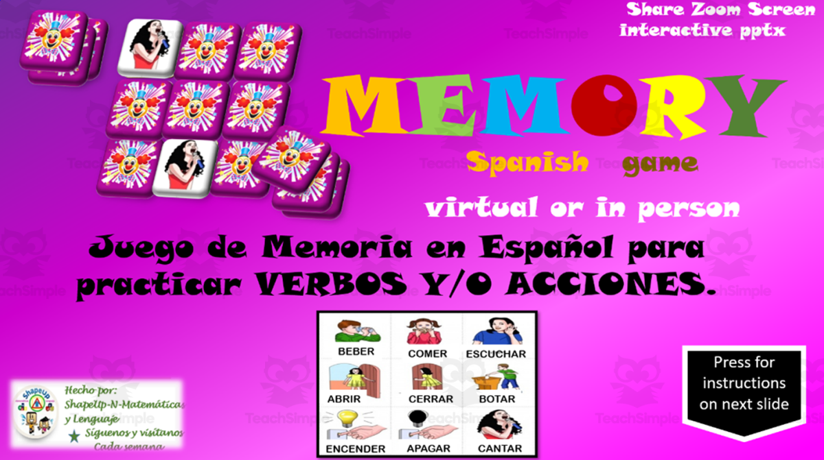 An educational teaching resource from ShapeUp-N-Matematicas y Lenguaje entitled Free Spanish Interactive Memory Game to Practice Verbos Y/O Acciones I downloadable at Teach Simple.