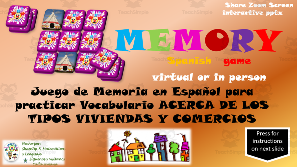 An educational teaching resource from ShapeUp-N-Matematicas y Lenguaje entitled Free Spanish Interactive Memory Game to Practice Viviendas y Comercios downloadable at Teach Simple.