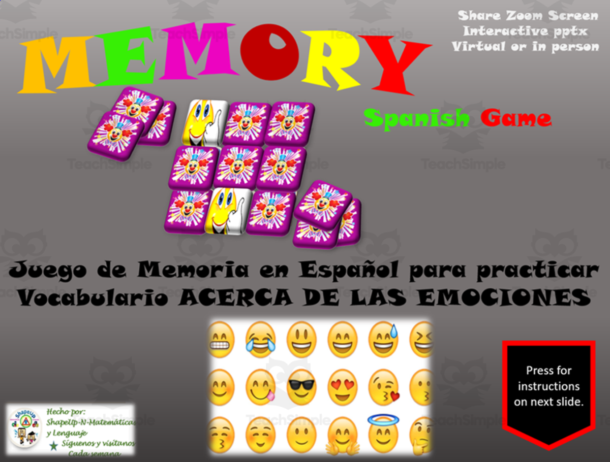 An educational teaching resource from ShapeUp-N-Matematicas y Lenguaje entitled Free Spanish Interactive Memory Game to Practice Voc. Las Emociones downloadable at Teach Simple.