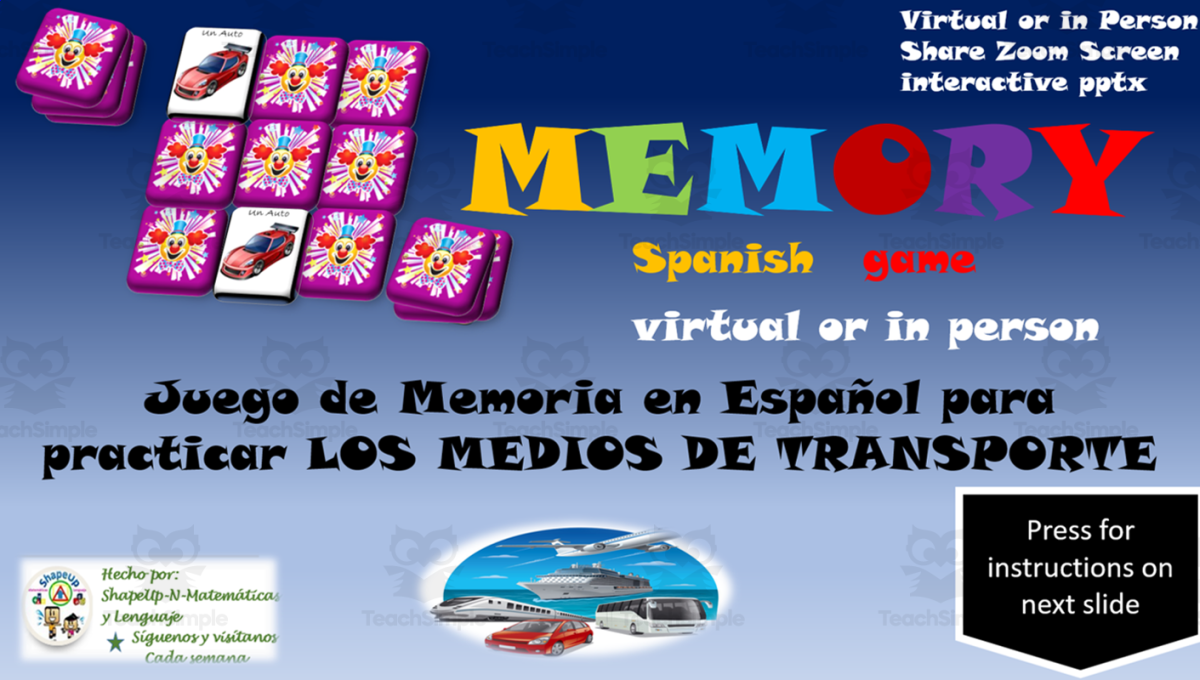 An educational teaching resource from ShapeUp-N-Matematicas y Lenguaje entitled Free Spanish Memory Game to Practice Medios de Transporte downloadable at Teach Simple.