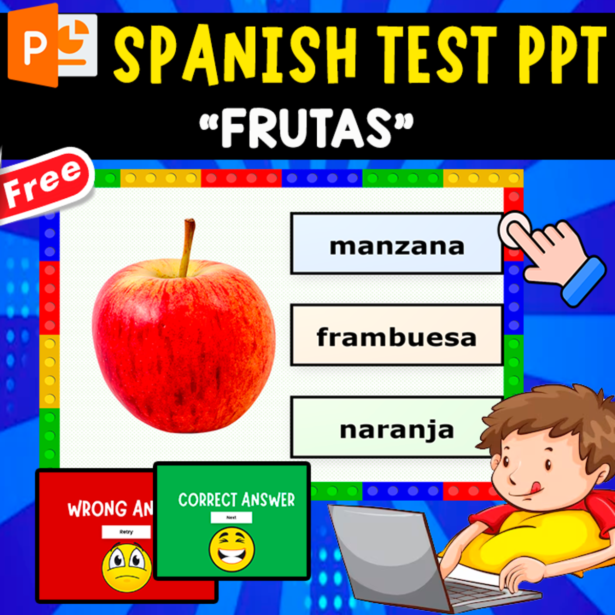 An educational teaching resource from EDITORIAL LAURA EDUCA entitled FREE SPANISH PPT GAME | VOCABULARY | LAS FRUTAS downloadable at Teach Simple.