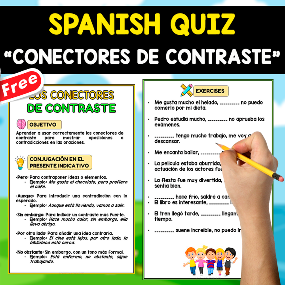 An educational teaching resource from EDITORIAL LAURA EDUCA entitled FREE SPANISH QUIZ | LOS CONECTORES DE CONTRASTE downloadable at Teach Simple.