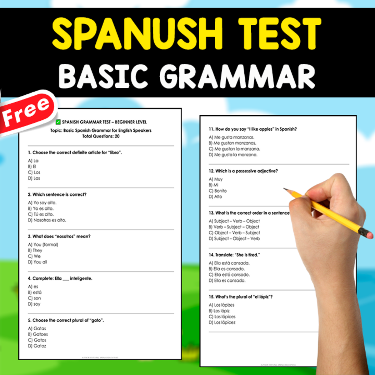 An educational teaching resource from EDITORIAL LAURA EDUCA entitled FREE SPANISH TEST | BASIC GRAMMAR TEST downloadable at Teach Simple.