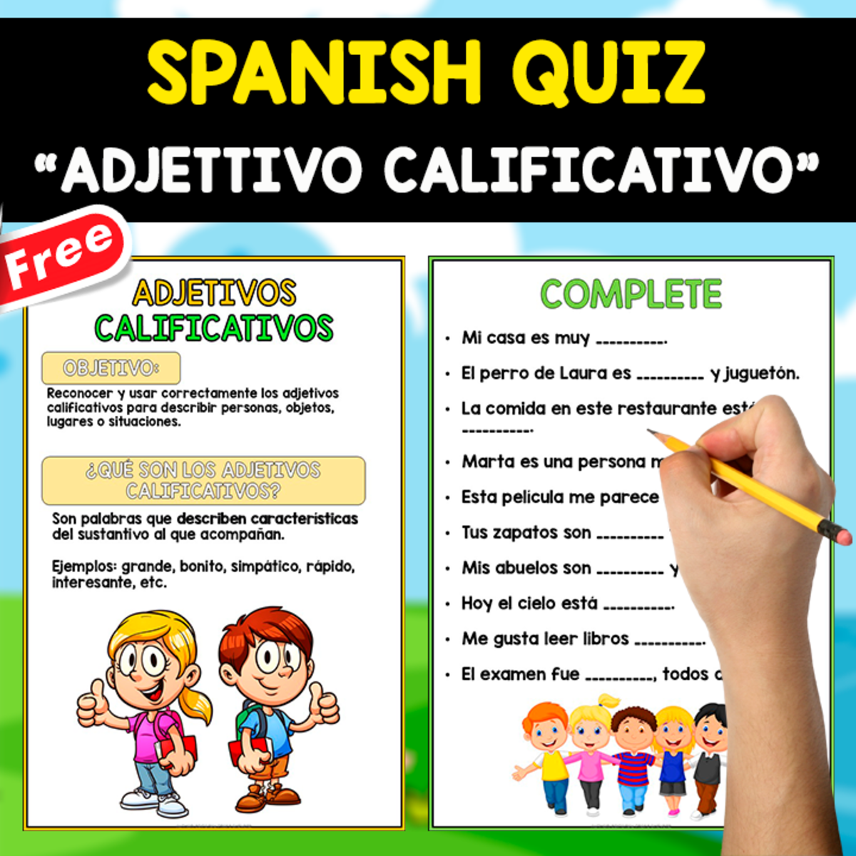 An educational teaching resource from EDITORIAL LAURA EDUCA entitled FREE SPANISH TEST | EL ADJETIVO CALIFICATIVO downloadable at Teach Simple.