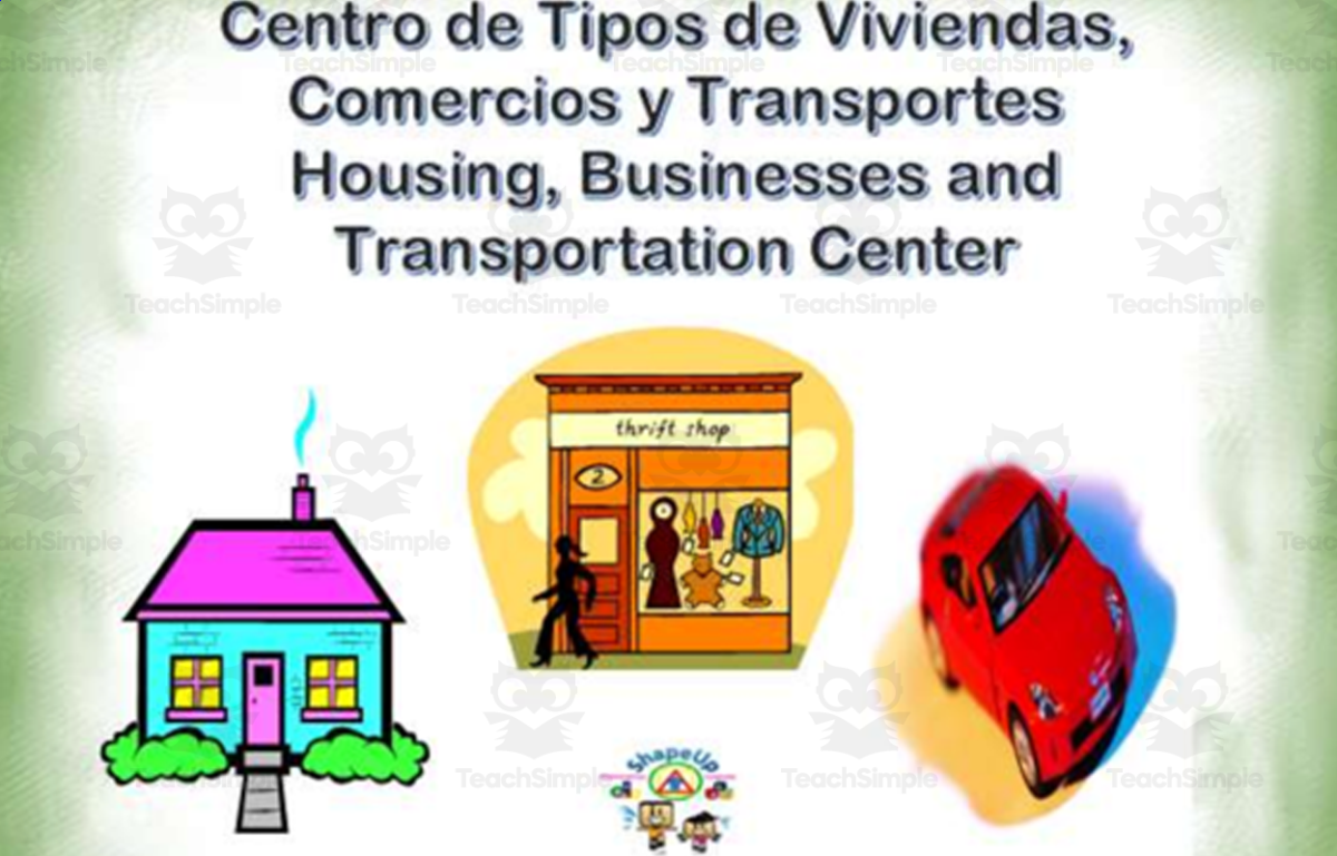 An educational teaching resource from ShapeUp-N-Matematicas y Lenguaje entitled Free Spanish Viviendas, Comercios y Transporte Interactive Center Activity downloadable at Teach Simple.