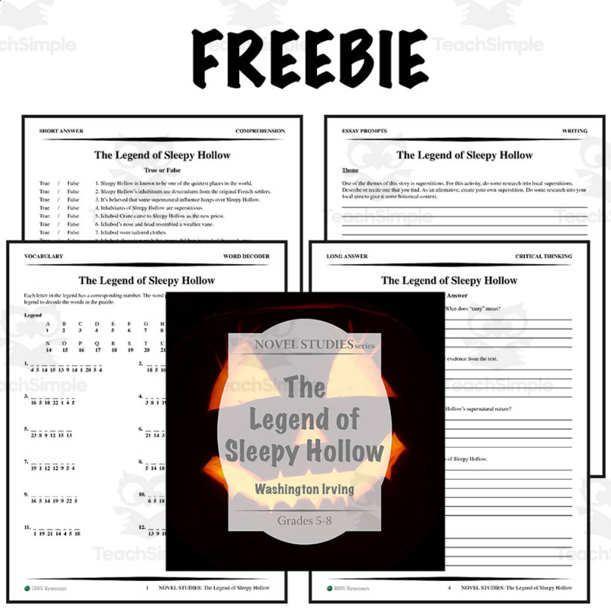 An educational teaching resource from Ibby Resources entitled FREE: The Legend of Sleepy Hollow Novel Study Guide - Sample downloadable at Teach Simple.