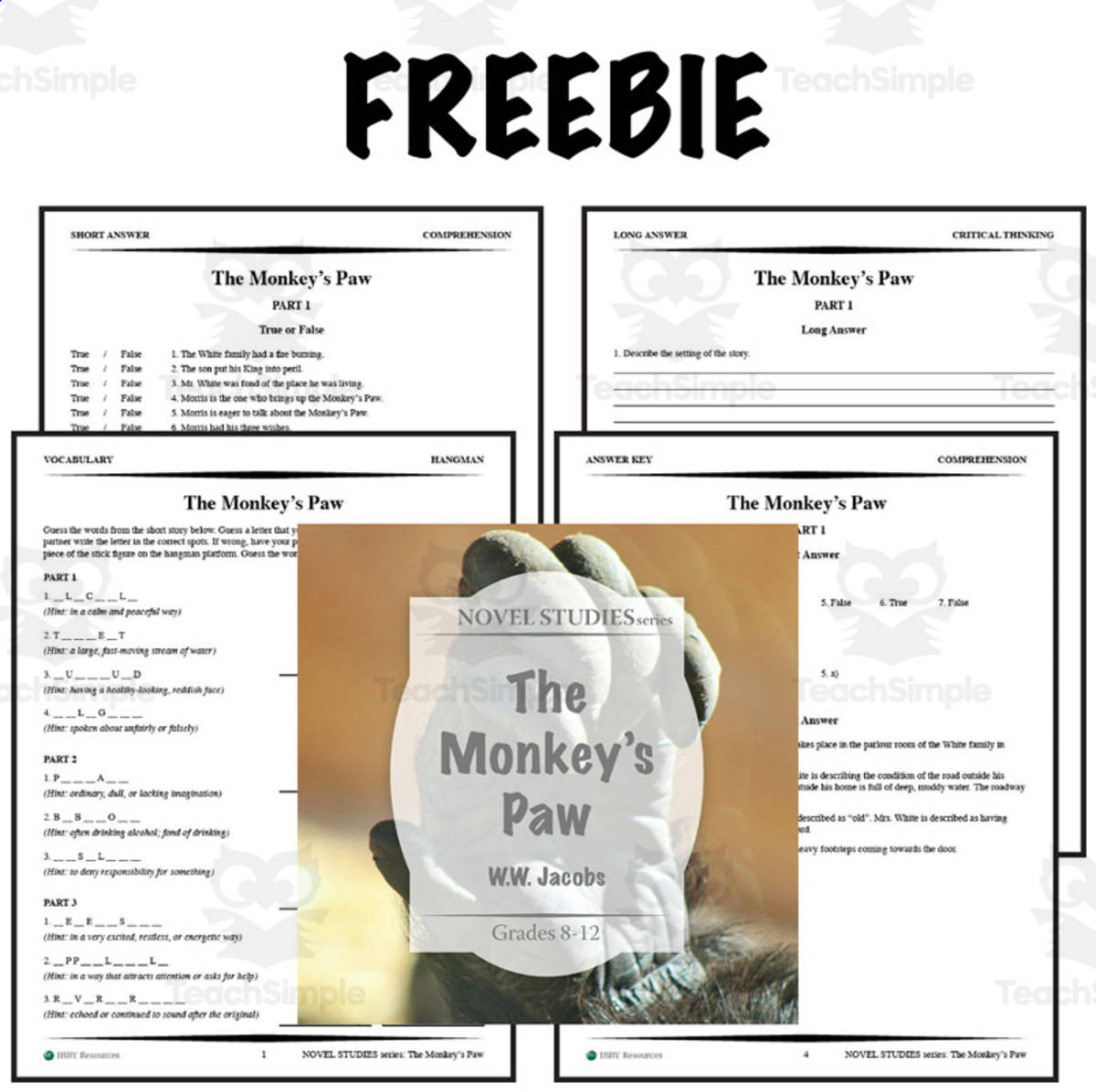 An educational teaching resource from Ibby Resources entitled FREE: The Monkey's Paw Novel Study Guide – Sample downloadable at Teach Simple.