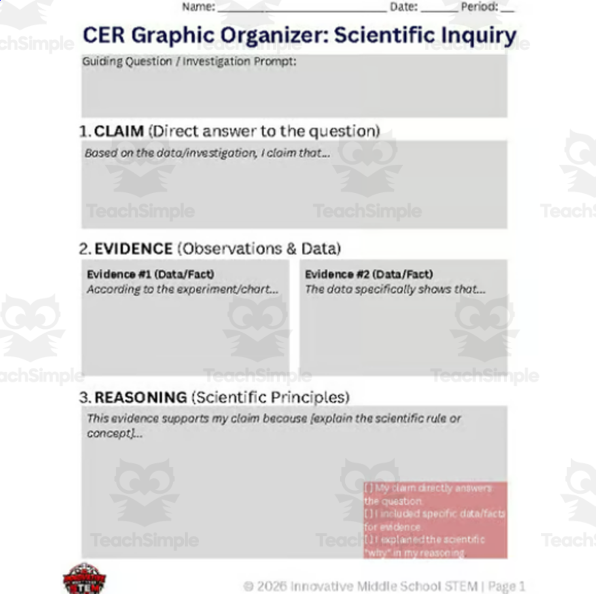 An educational teaching resource from Innovative Middle School STEM entitled FREE Universal Science CER Graphic Organizers (Grades 4–12) downloadable at Teach Simple.