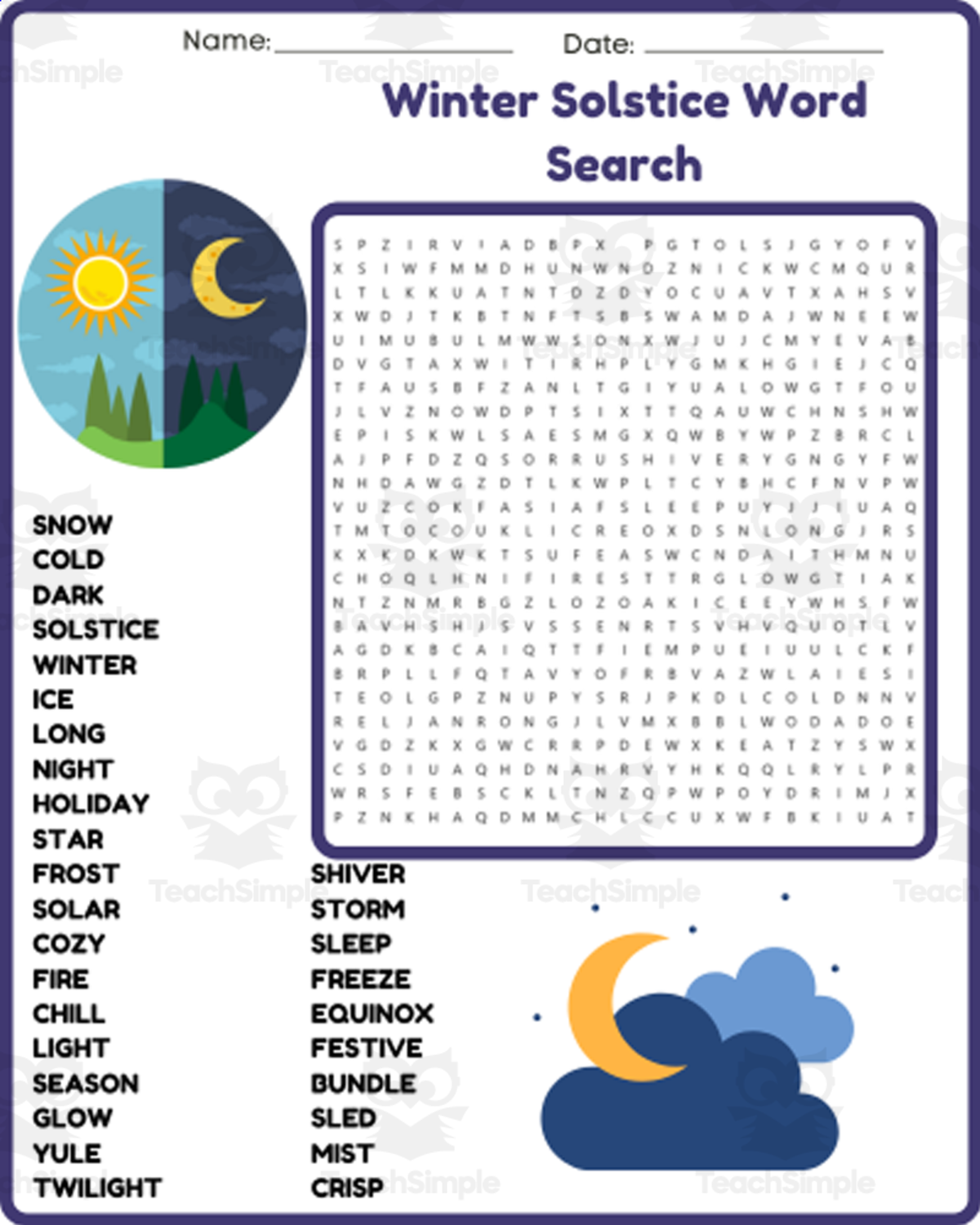 An educational teaching resource from space shope entitled FREE Winter Solstice Word Search Puzzle Worksheet Activity downloadable at Teach Simple.