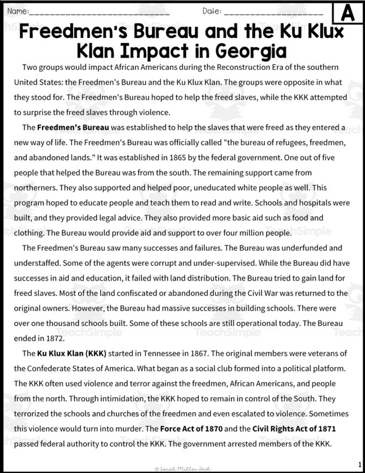 An educational teaching resource from Sarah Miller Tech entitled Freedman's Bureau + the Ku Klux Klan Reading Packet downloadable at Teach Simple.
