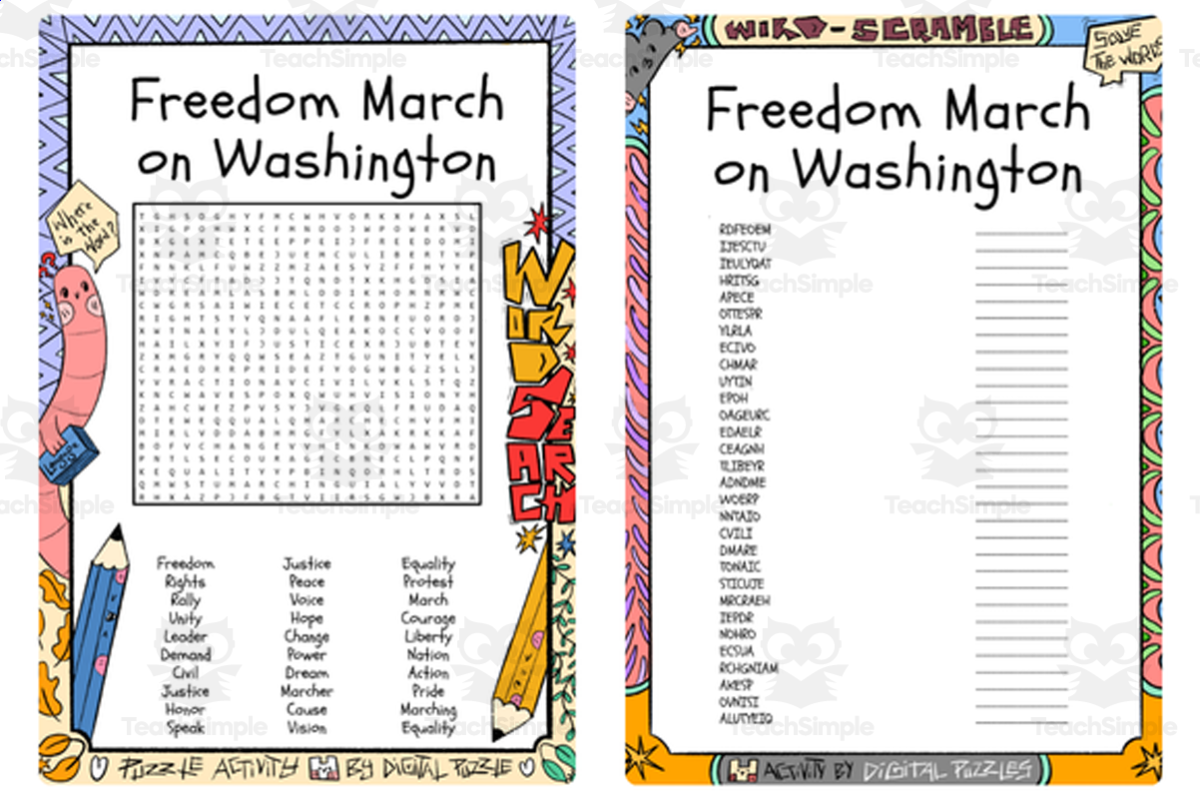 An educational teaching resource from Lapiiin Art Activities entitled Freedom March on Washington word search & scramble downloadable at Teach Simple.