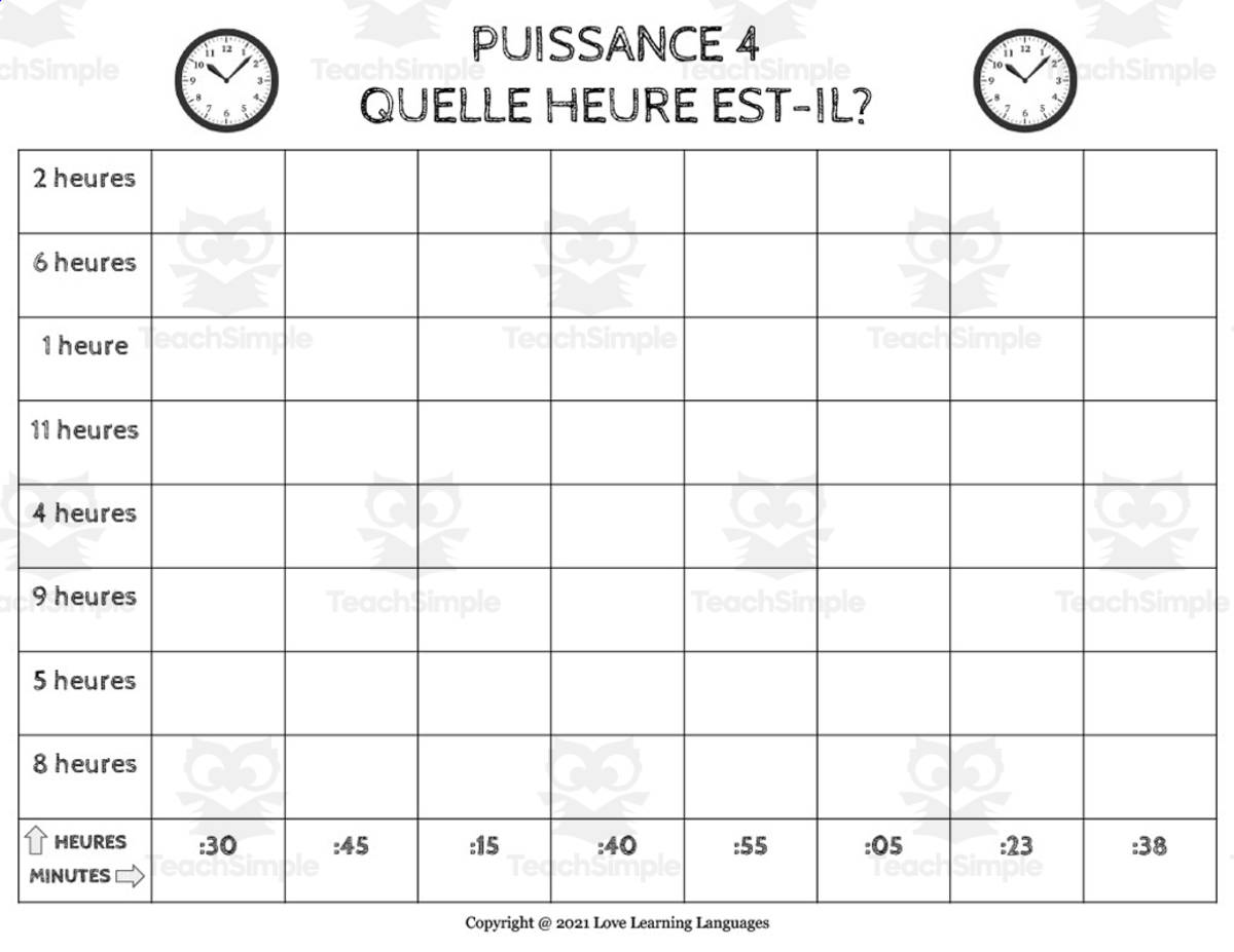 An educational teaching resource from Love Learning Languages entitled French: 12 Hour Clock Connect 4 Game downloadable at Teach Simple.