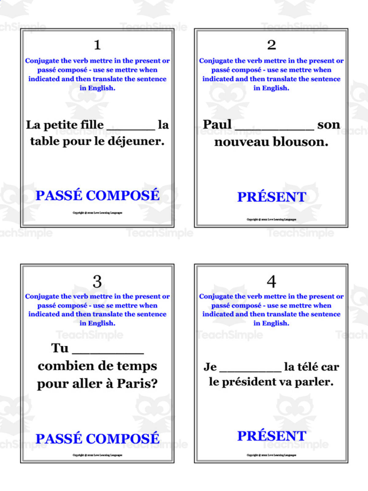 An educational teaching resource from Love Learning Languages entitled French: 12 Ways to Use "METTRE" | Practice Card Set downloadable at Teach Simple.