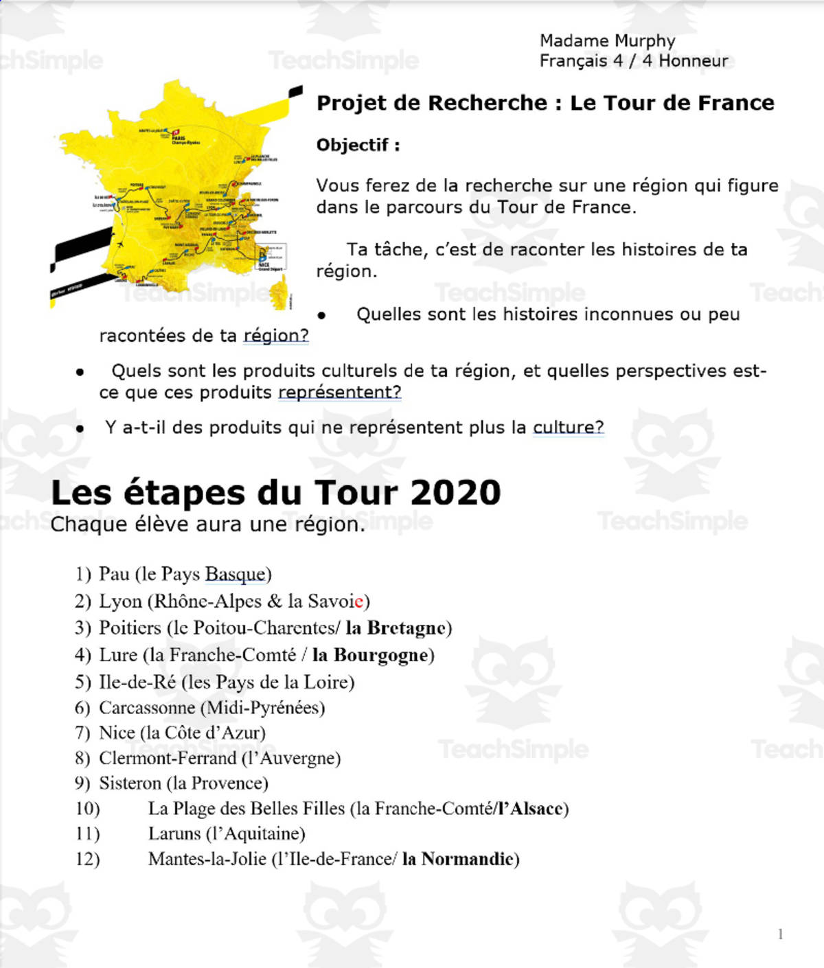 An educational teaching resource from Madame Murphy Comprehensible Culture entitled French 4 Honors: Project Description of Tour De France downloadable at Teach Simple.