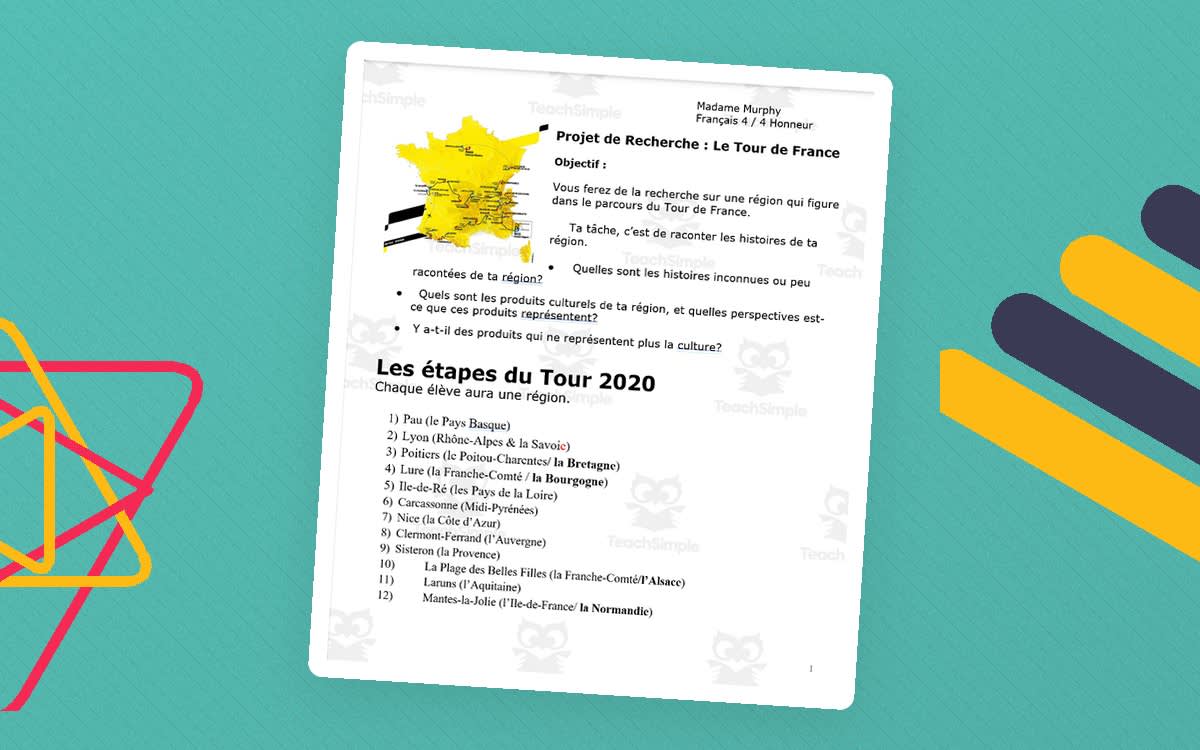 An educational teaching resource from Madame Murphy Comprehensible Culture entitled French 4 Honors: Project Description of Tour De France downloadable at Teach Simple.