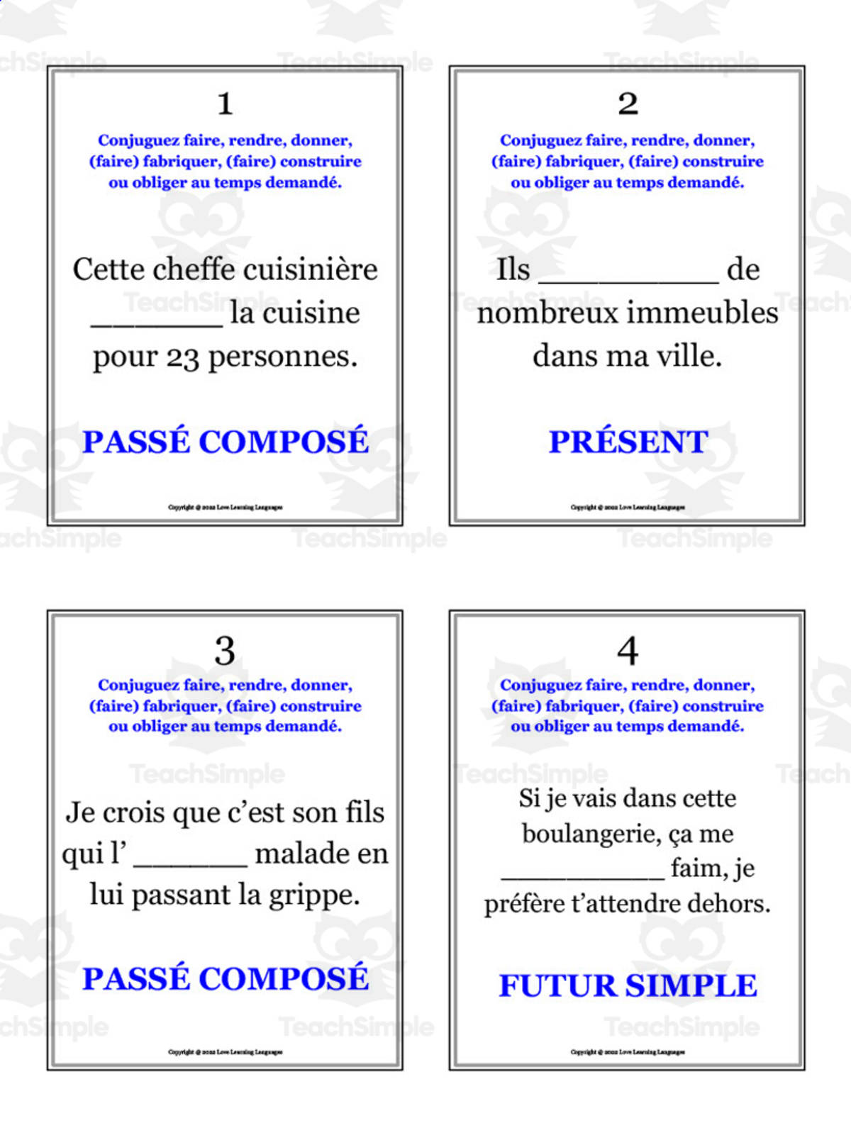 An educational teaching resource from Love Learning Languages entitled French: 6 Ways to Say "Make" | Practice Card Set downloadable at Teach Simple.