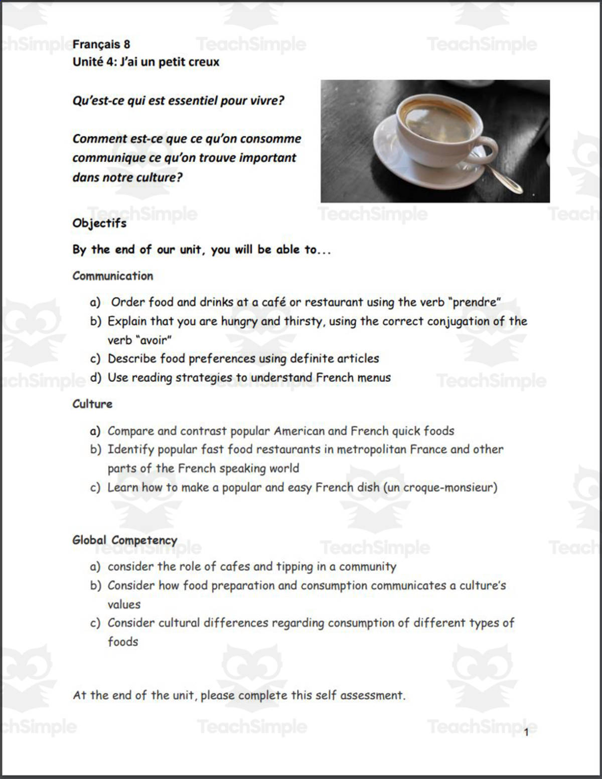 An educational teaching resource from Madame Murphy Comprehensible Culture entitled French 8: Unit 4 J'ai un petit creux downloadable at Teach Simple.