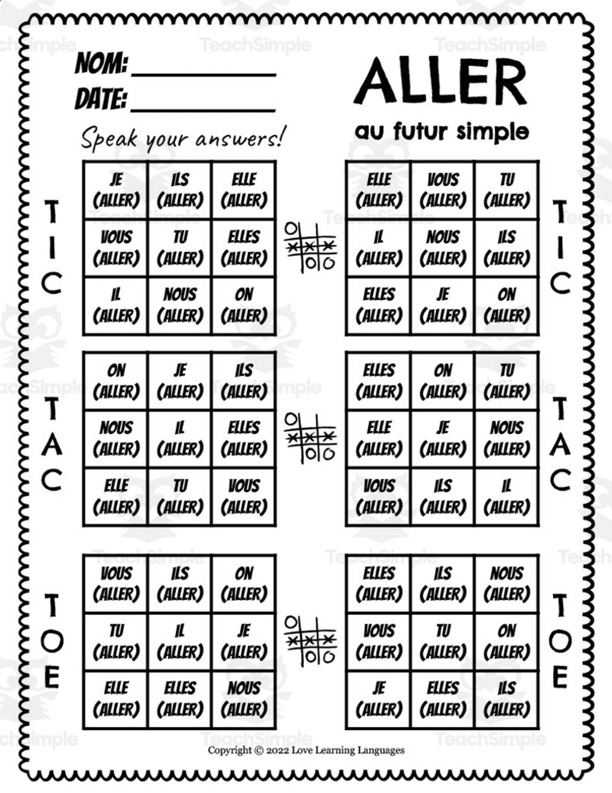An educational teaching resource from Love Learning Languages entitled French: Aller Futur Simple Tic Tac Toe Game downloadable at Teach Simple.