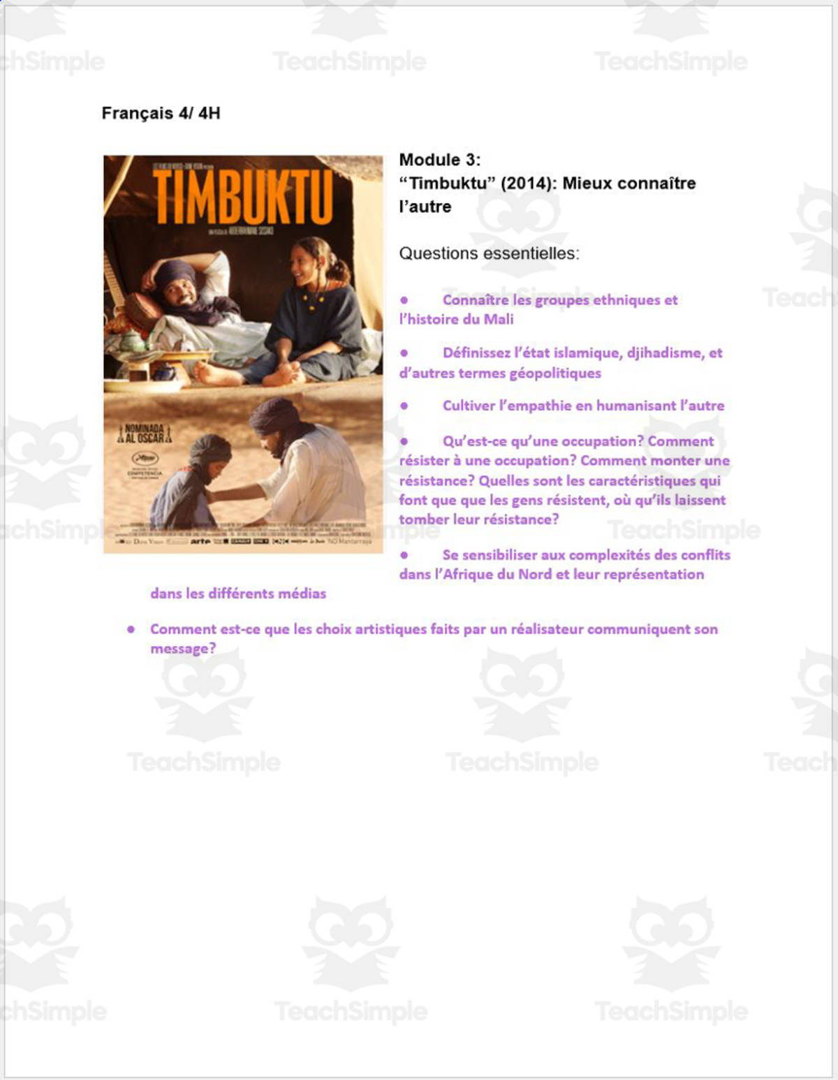 An educational teaching resource from Madame Murphy Comprehensible Culture entitled French: AP French History of Mali and film "Timbuktu" downloadable at Teach Simple.