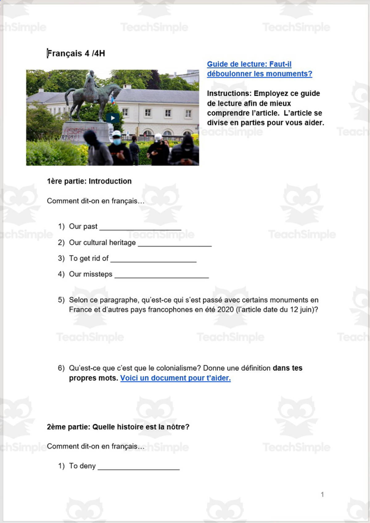 An educational teaching resource from Madame Murphy Comprehensible Culture entitled French: AP French: Monuments Article and Reading Guide - Faut-il déboulonner les monuments downloadable at Teach Simple.