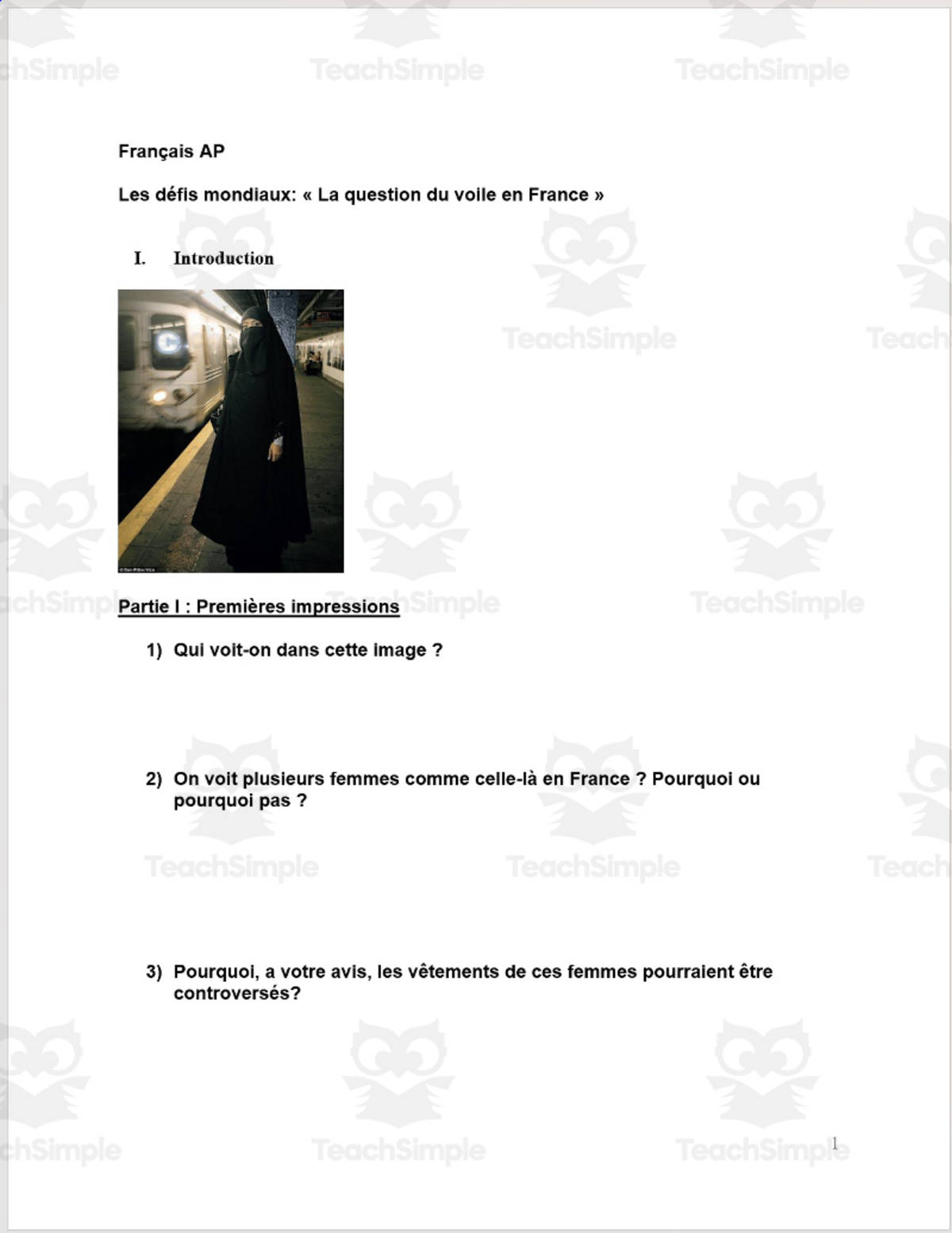 An educational teaching resource from Madame Murphy Comprehensible Culture entitled French: AP French Reading Activity Le voile en France downloadable at Teach Simple.