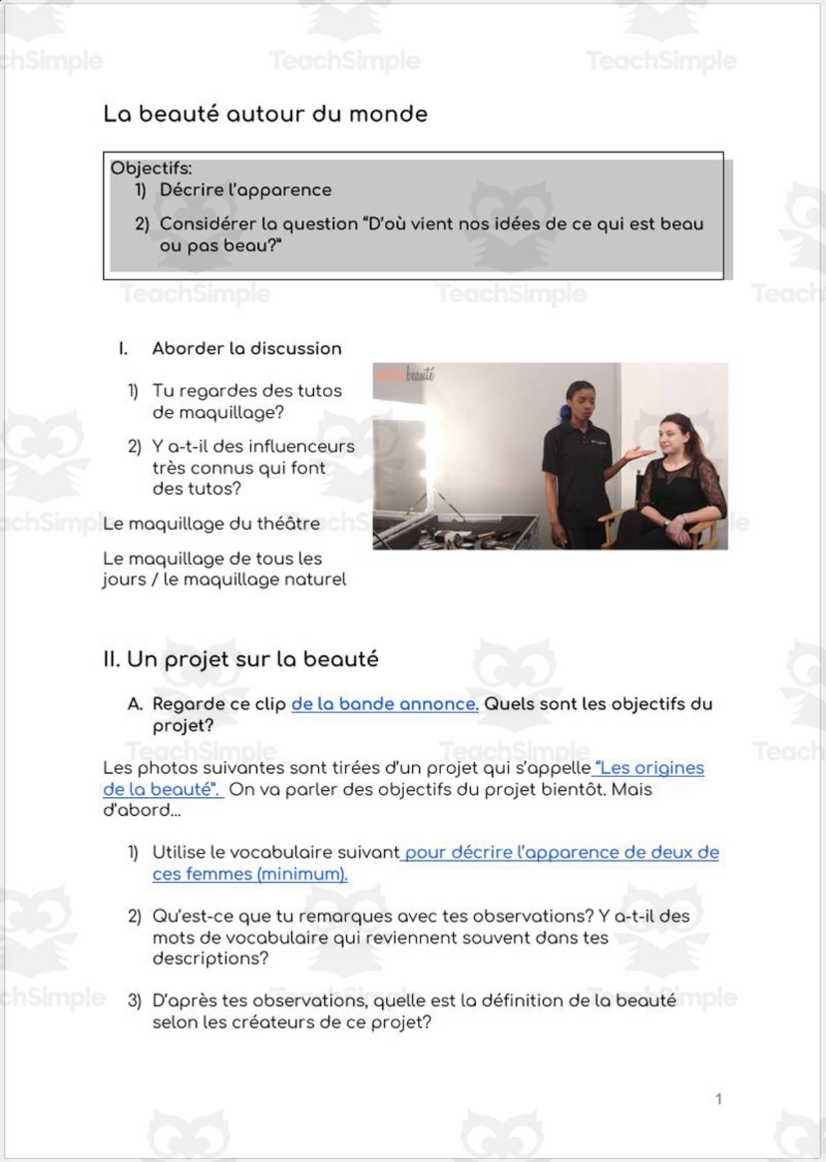 An educational teaching resource from Madame Murphy Comprehensible Culture entitled French: AP Lesson Qu_est-ce que c_est que la beauté downloadable at Teach Simple.