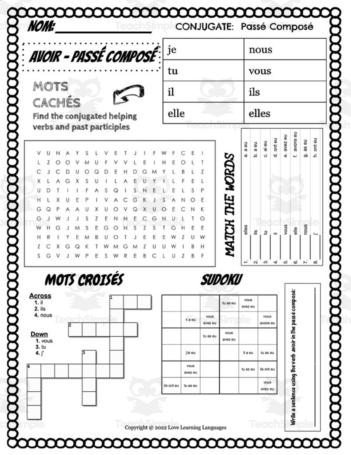 An educational teaching resource from Love Learning Languages entitled French: Avoir Conjugation Worksheet downloadable at Teach Simple.