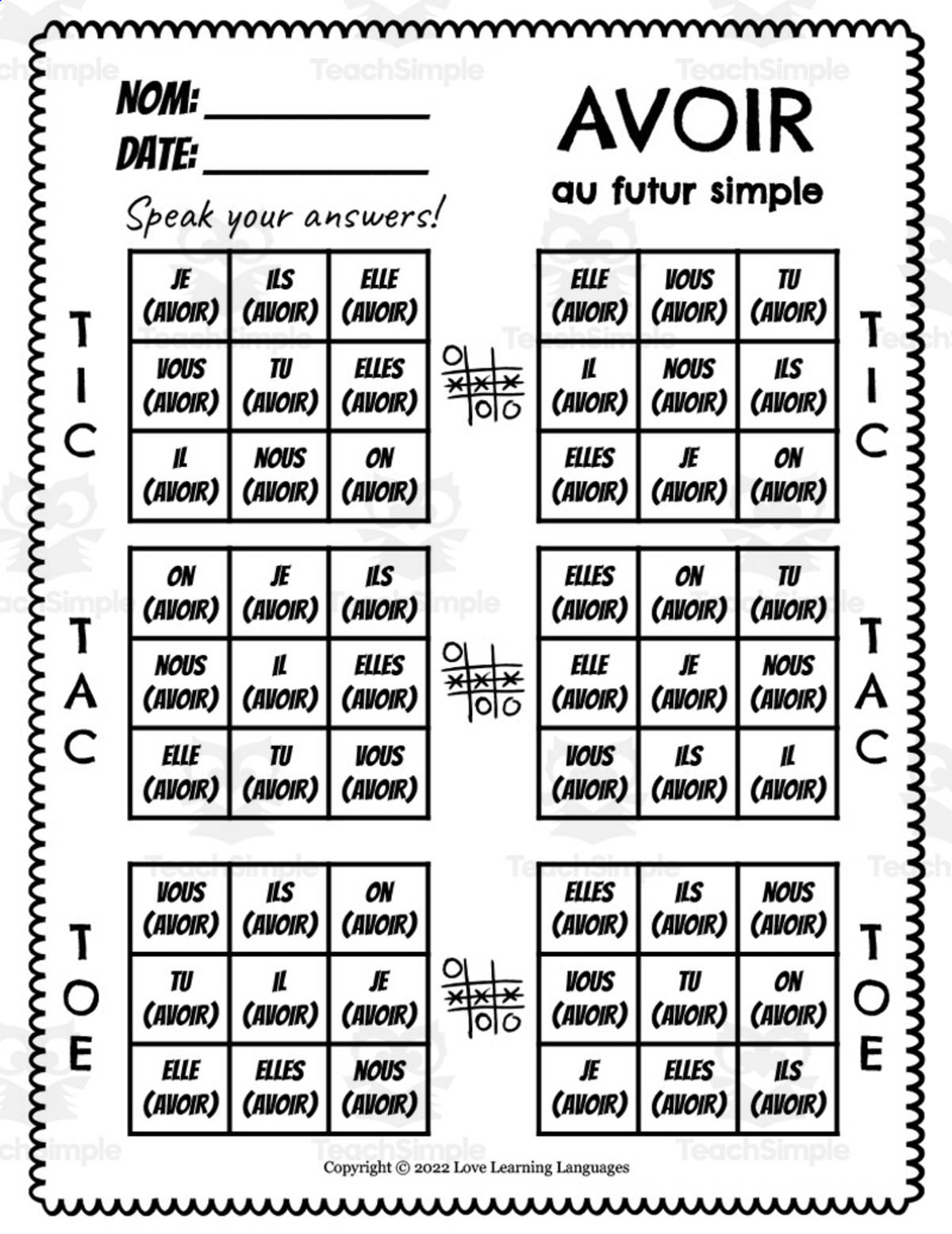 An educational teaching resource from Love Learning Languages entitled French: Avoir Futur Simple Tic Tac Toe Game downloadable at Teach Simple.