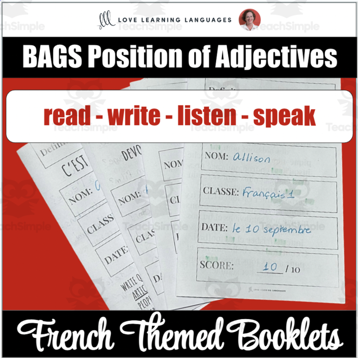 An educational teaching resource from Love Learning Languages entitled French BAGS Position of Adjectives - Reading, Writing, Speaking, Liste downloadable at Teach Simple.