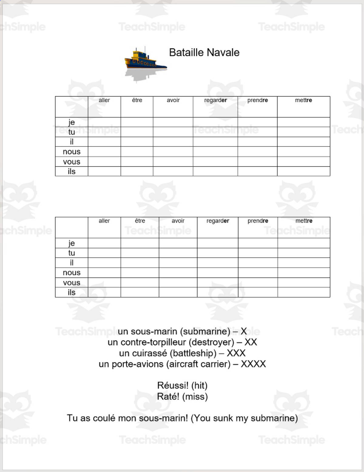 An educational teaching resource from Madame Murphy Comprehensible Culture entitled French: Bataille Navale French verb conjugation game downloadable at Teach Simple.