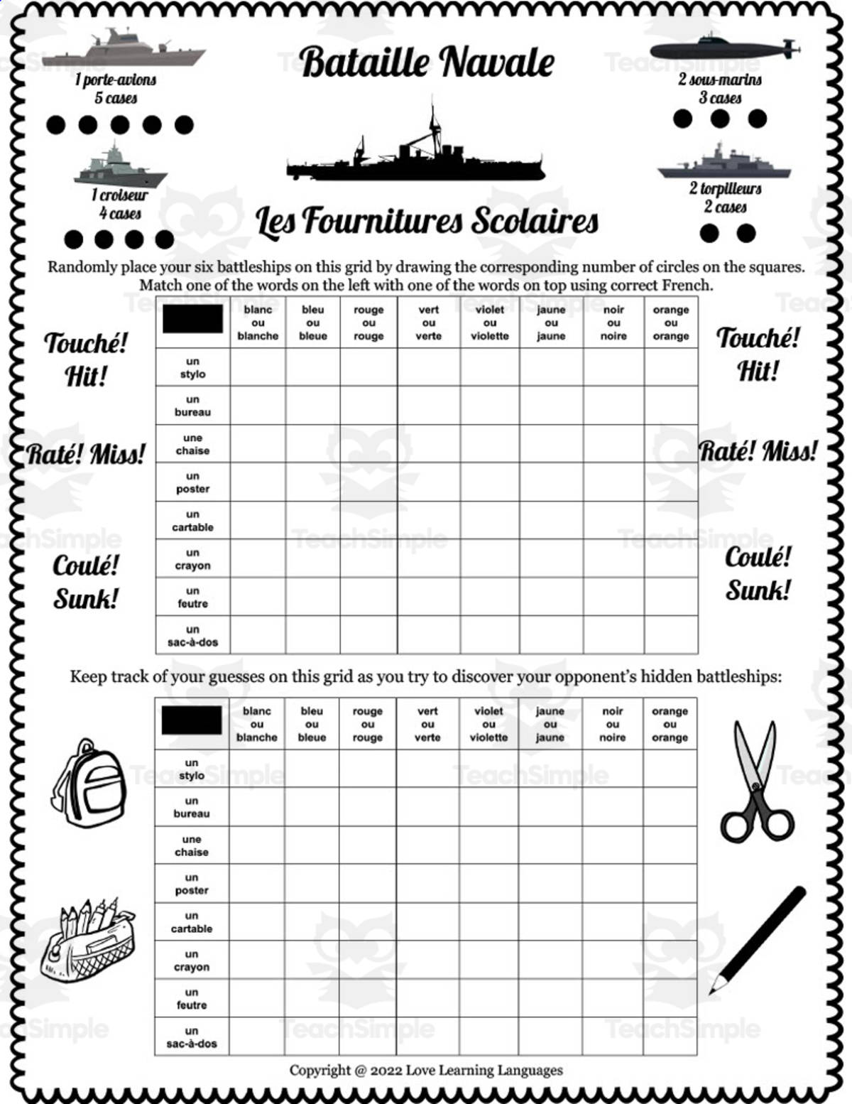 An educational teaching resource from Love Learning Languages entitled French: Battleship - Colors + School Vocabulary downloadable at Teach Simple.