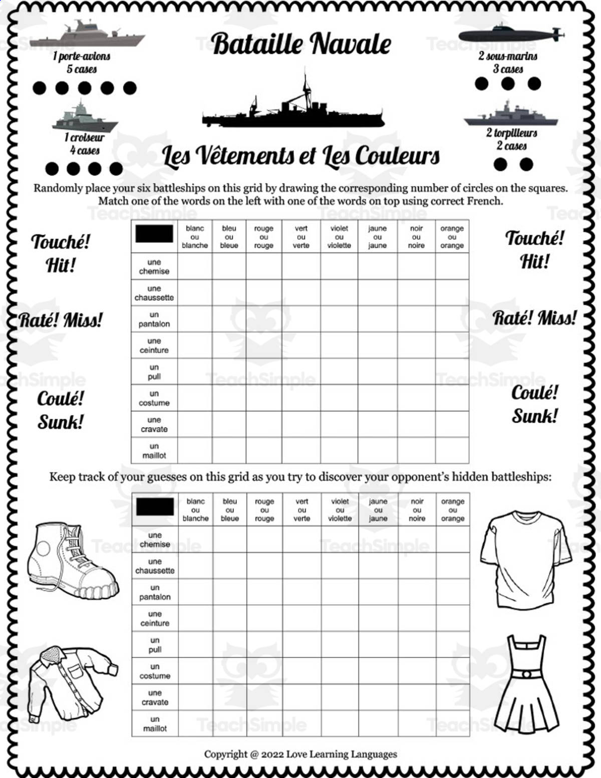 An educational teaching resource from Love Learning Languages entitled French: Battleship - Couleurs et Vêtements downloadable at Teach Simple.