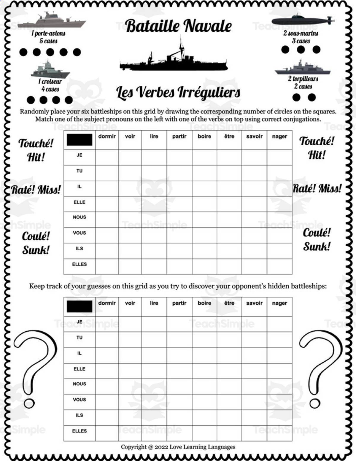 An educational teaching resource from Love Learning Languages entitled French: Battleship - Irregular Present Tense downloadable at Teach Simple.
