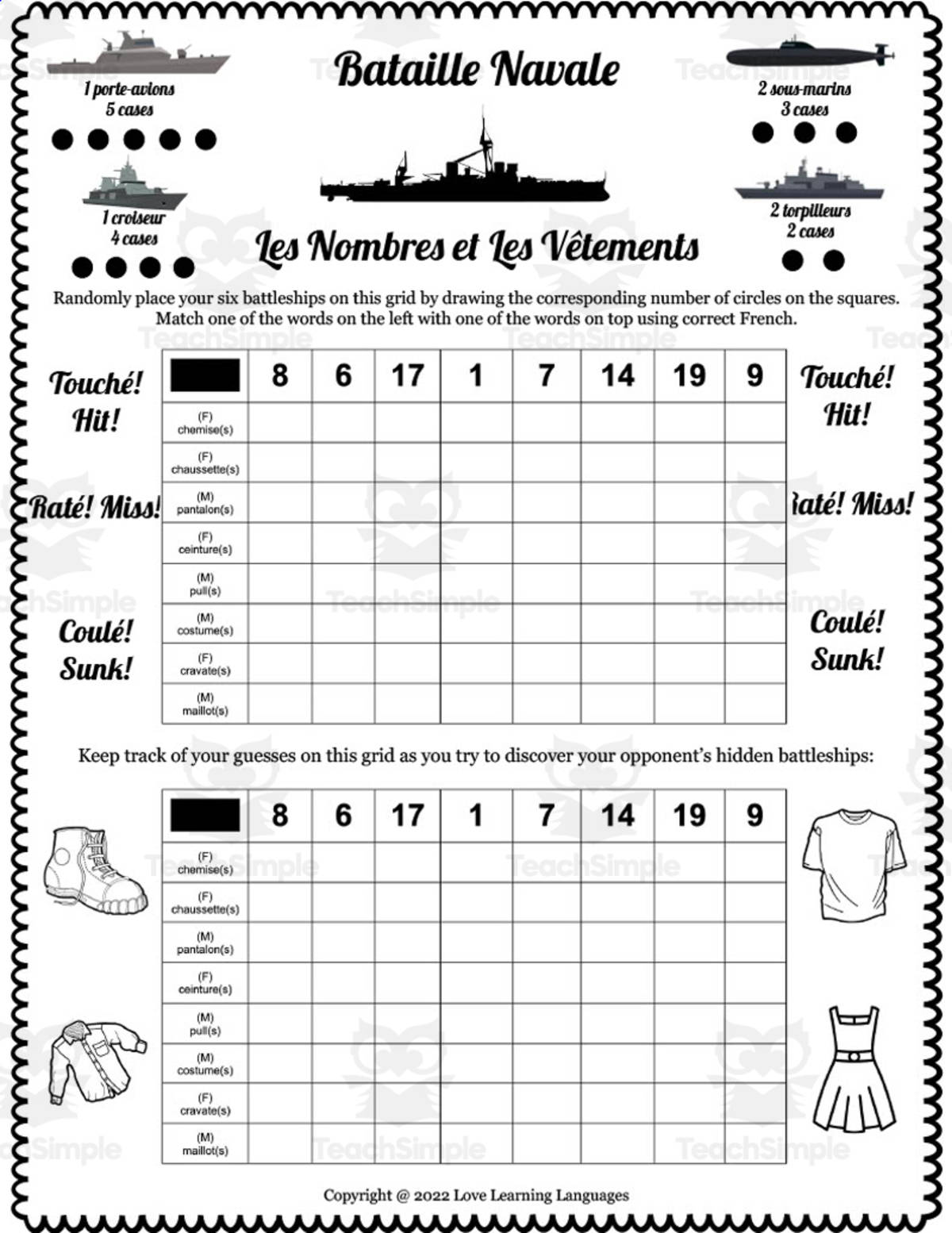 An educational teaching resource from Love Learning Languages entitled French: Battleship - Nombres et Vêtements downloadable at Teach Simple.