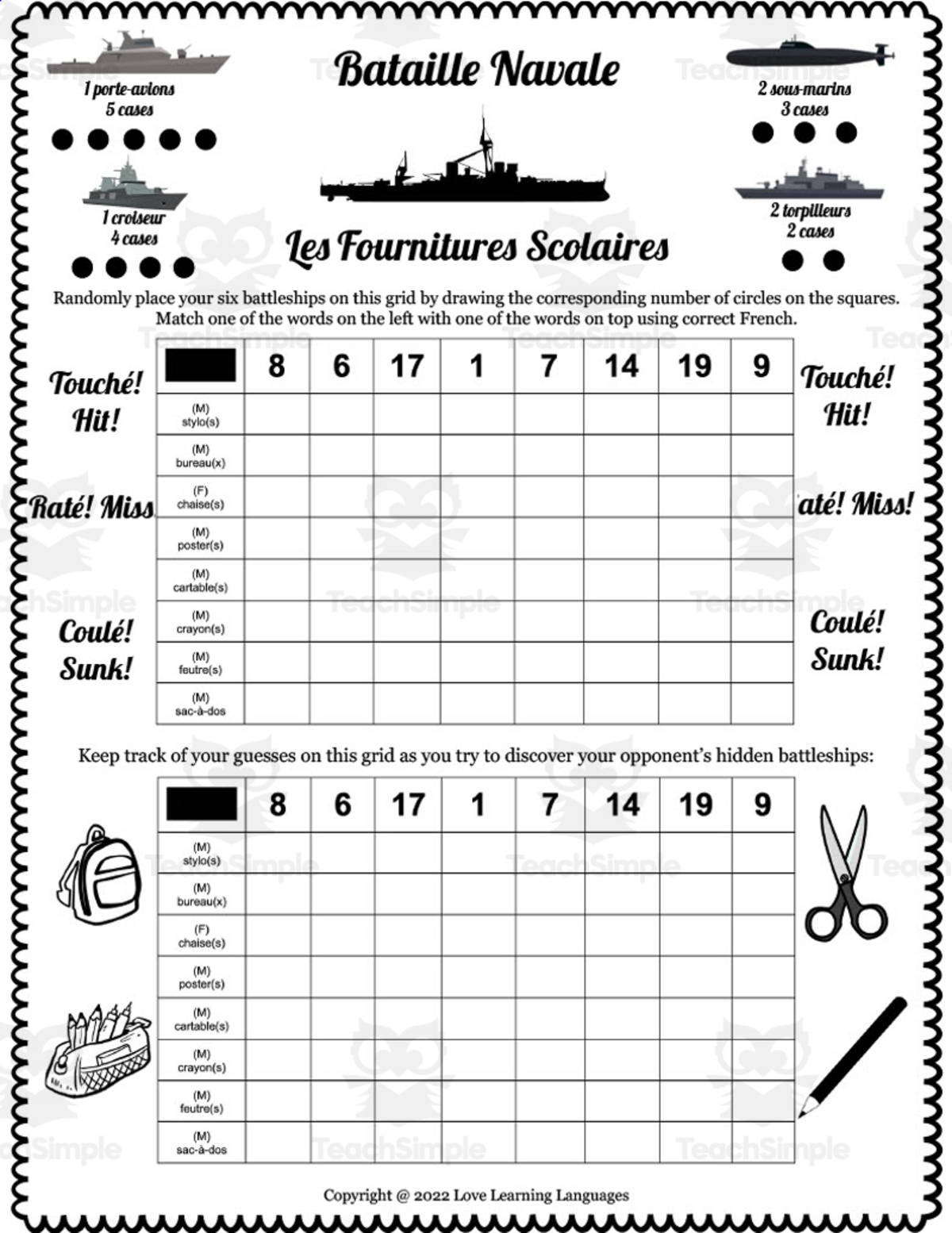 An educational teaching resource from Love Learning Languages entitled French: Battleship - Numbers + School Vocabulary downloadable at Teach Simple.