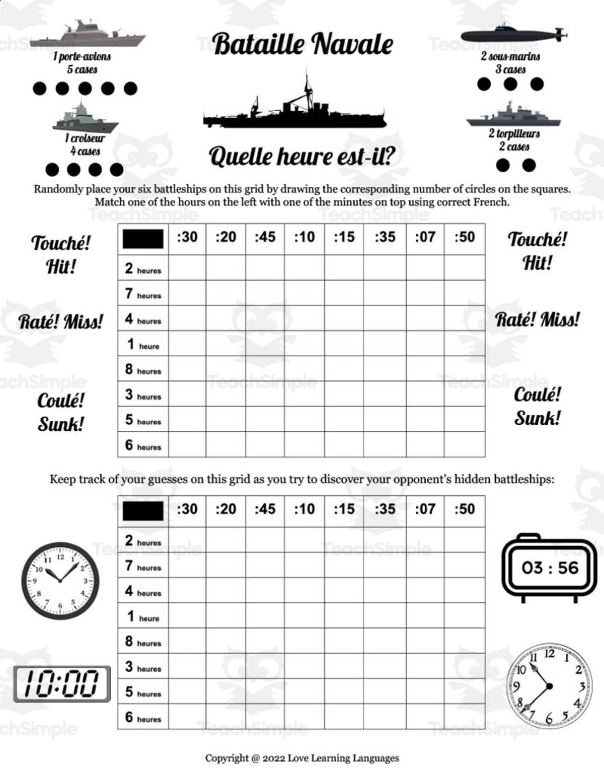 An educational teaching resource from Love Learning Languages entitled French: Battleship - Quelle heure est-il + 12 hour clock downloadable at Teach Simple.