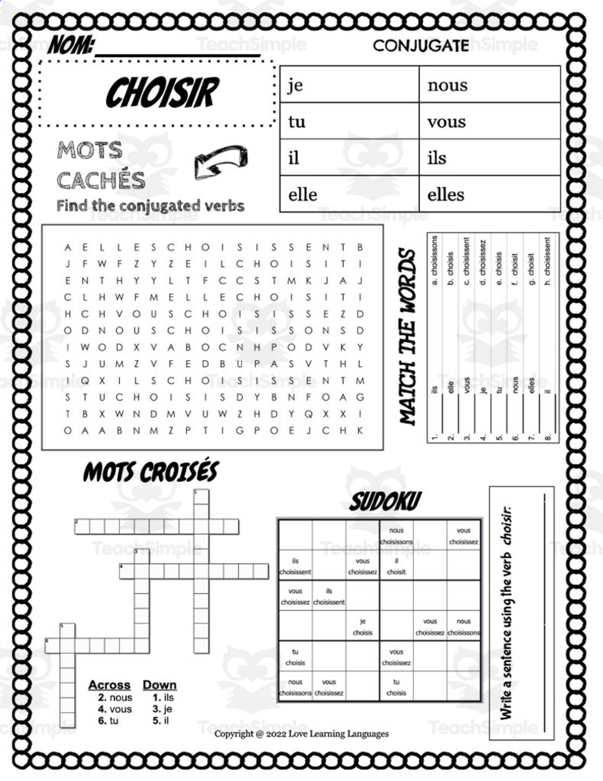 An educational teaching resource from Love Learning Languages entitled French: CHOISIR Conjugation Worksheet downloadable at Teach Simple.