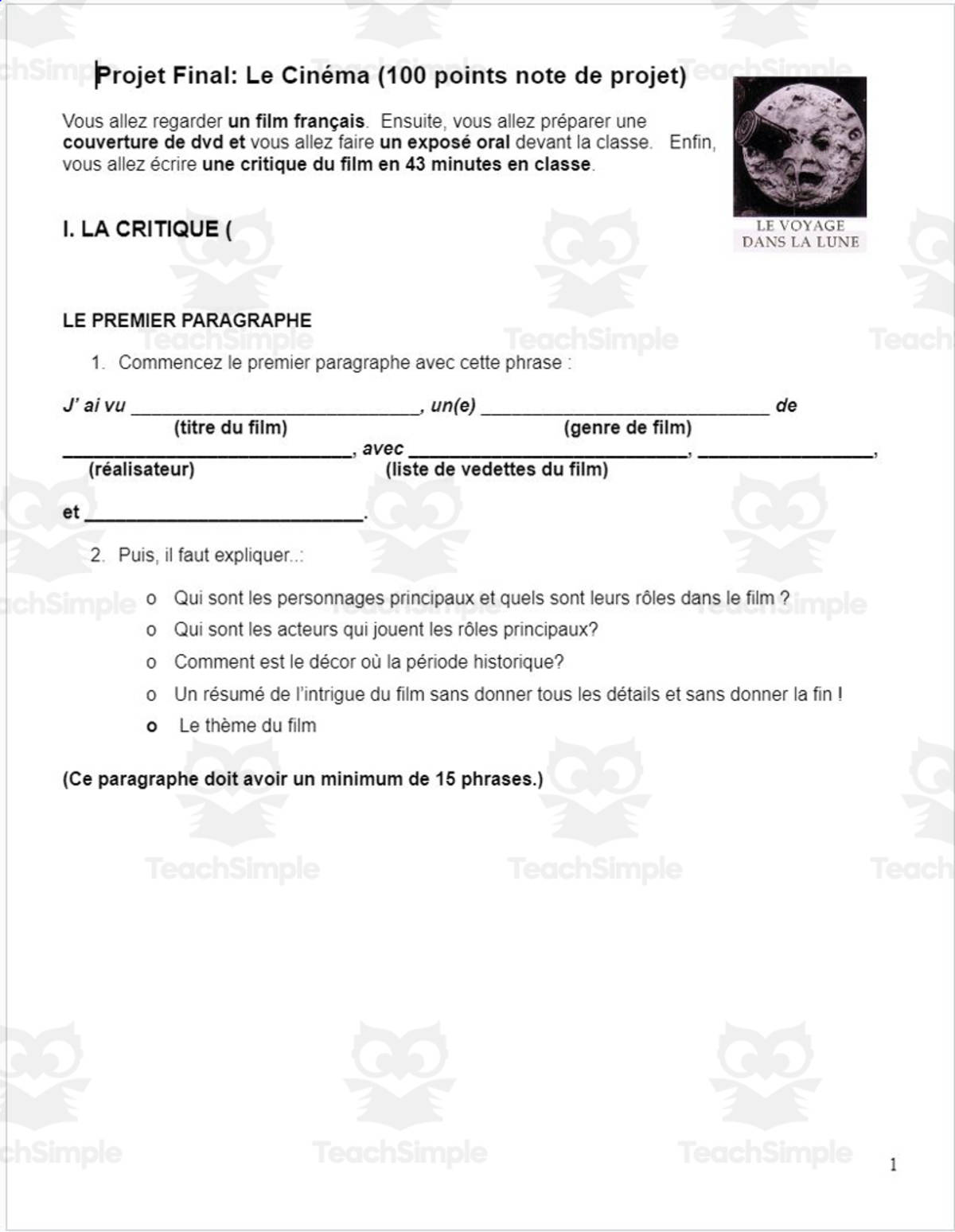 An educational teaching resource from Madame Murphy Comprehensible Culture entitled French Cinema Project Intermediate French downloadable at Teach Simple.