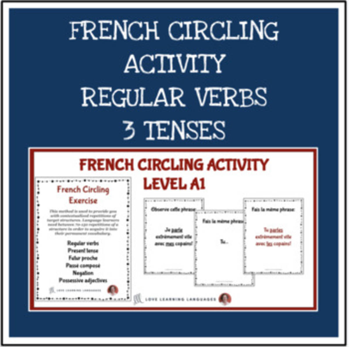 An educational teaching resource from Love Learning Languages entitled French: Circling Activity - Regular French verbs in 3 tenses downloadable at Teach Simple.