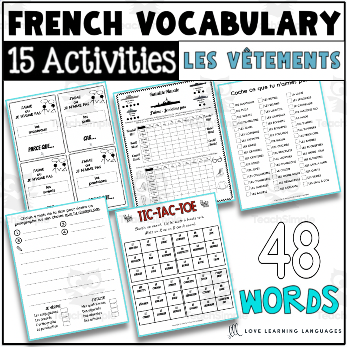 An educational teaching resource from Love Learning Languages entitled French Clothing Vocabulary Writing and Speaking Activities Packet - VÊTEMENTS downloadable at Teach Simple.