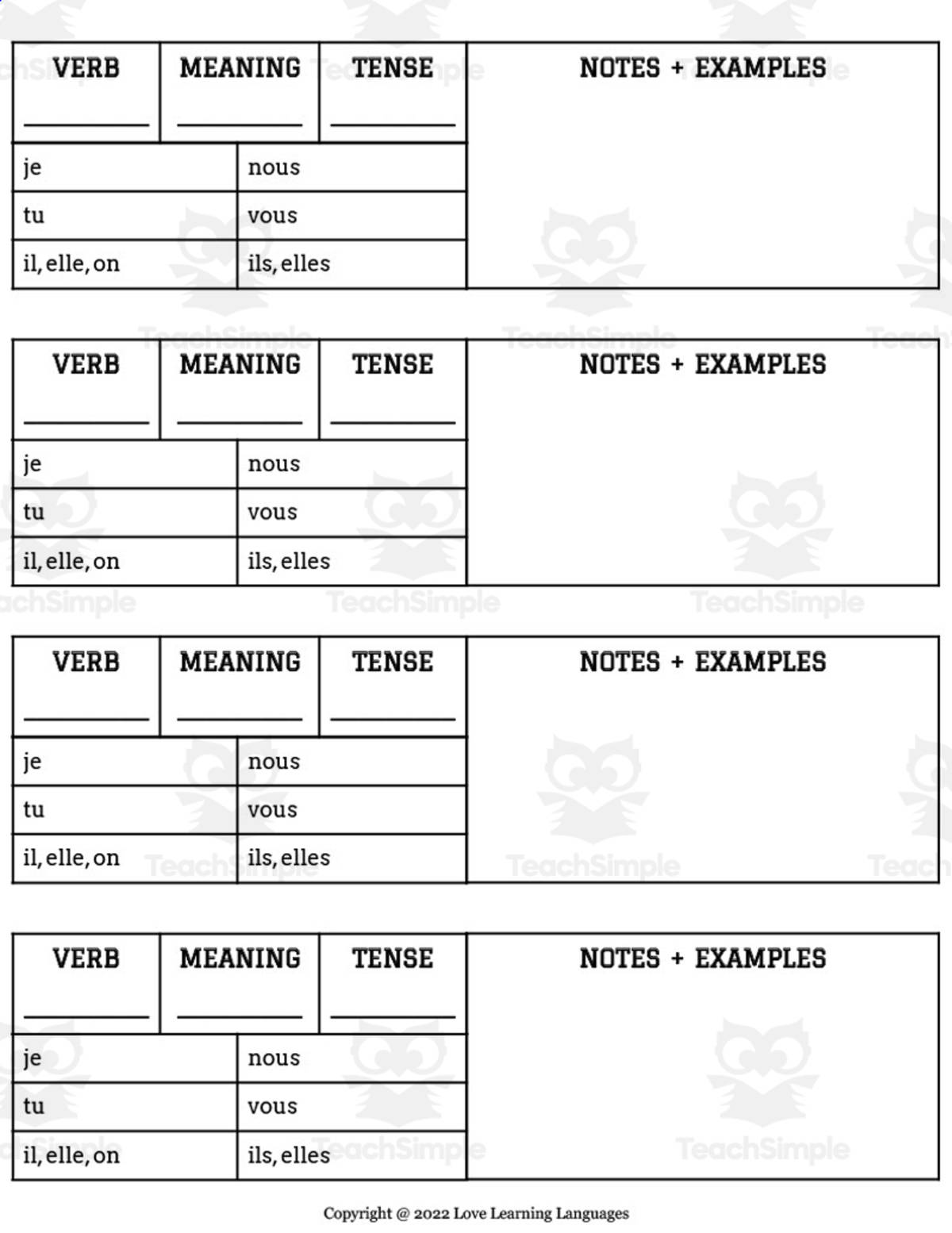 An educational teaching resource from Love Learning Languages entitled French Conjugation Tables – 3 Blank Templates downloadable at Teach Simple.
