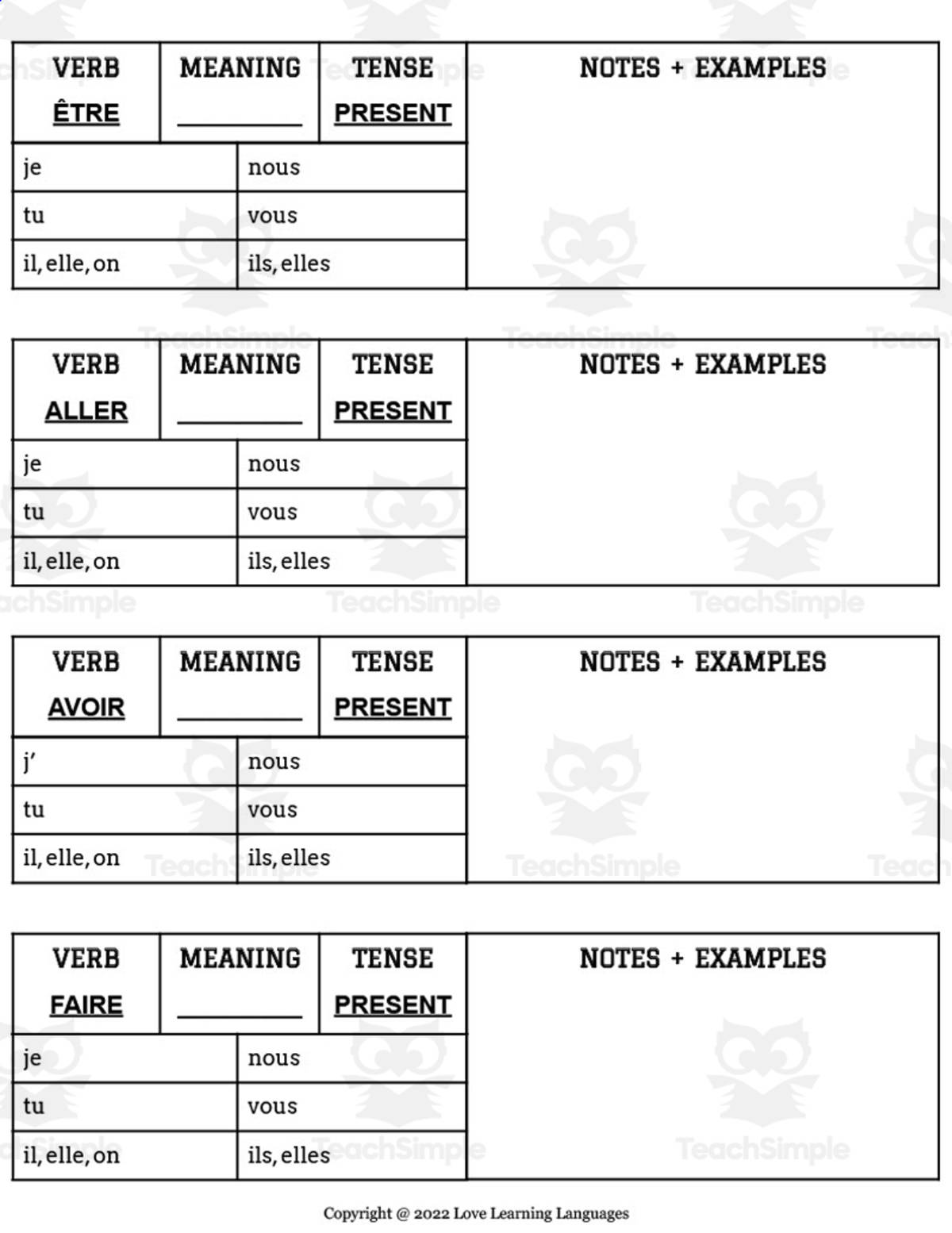 An educational teaching resource from Love Learning Languages entitled French: Conjugation Tables: Irregular Verbs - Present downloadable at Teach Simple.